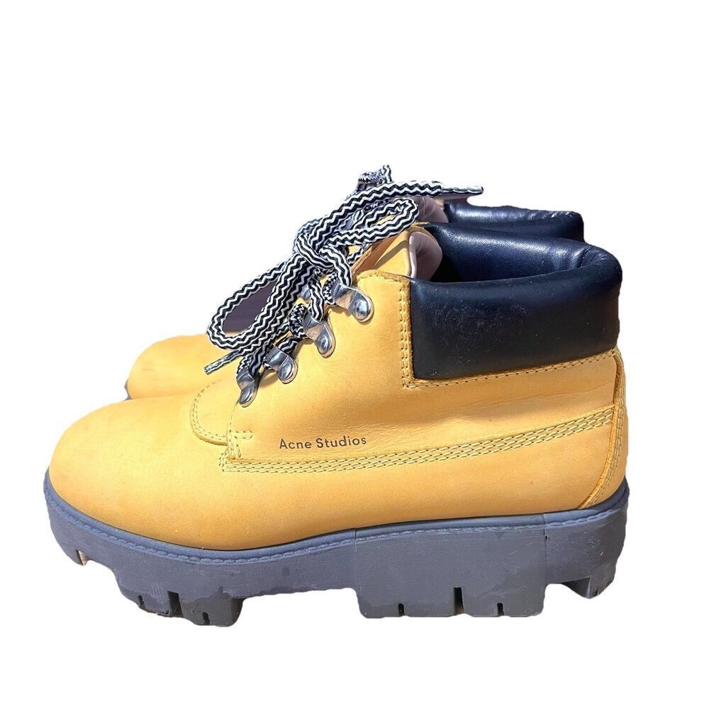 Acne Studios Boots Womens 37 Nubuck Suede‎ Leather Yellow Platform Chunky Bootie - Picture 2 of 9
